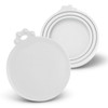 Two white silicone reusable can lids, one positioned above the other, featuring a decorative handle.