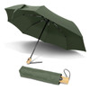 A green RPET compact umbrella opened with a wooden handle, displayed alongside its folded version in matching fabric.