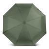 A compact umbrella in a muted green colour with a circular design and a central button mechanism.