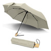 A compact umbrella in a soft green colour, displayed both open and folded, featuring a wooden handle and a logo.