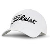 A white golf cap featuring a branded logo on the front, designed for performance and style.