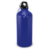 A drink bottle in glossy blue with a black cap and a metal clip for attaching to bags or loops.