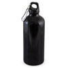A drink bottle in glossy black, featuring a detachable clip for easy carrying. It has a smooth, rounded shape.