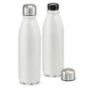 A drink bottle in a sleek white finish, featuring a metallic cap and a black threaded neck. One bottle is shown with the cap off.