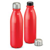 A drink bottle in vibrant red with a stainless steel cap, featuring a smooth, curved design. It has a logo.