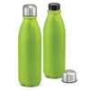 A drink bottle in vibrant green aluminium with a silver metal cap, featuring a sleek, modern design and a logo.