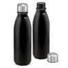 A drink bottle in a sleek black finish with a silver cap, featuring an aluminium design and a logo.