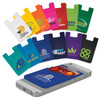 A collection of colourful silicone phone wallets in various hues, displayed with a smartphone. Each wallet features a logo.