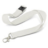 A white glow-in-the-dark lanyard with a black clip and a metal hook for attaching items.