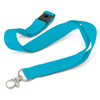 A turquoise lanyard with a silver clip and a plastic buckle, featuring a logo.