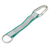 A green and grey reflector key ring featuring a carabiner clip and a circular keyring attachment.