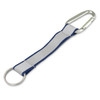 A reflector key ring with a silver carabiner and a blue strap, featuring a metal ring attachment.