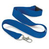 A blue RPET lanyard with a metal clip and a secure fastener. It features a smooth, textured surface.