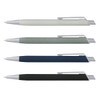 A collection of four metal pens in light grey, dark grey, navy blue, and black, each with a silver clip and branding.