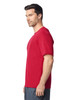 A red Gildan Performance adult T-shirt is shown on a model from the side, featuring a simple design and a logo.