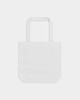 A white tote bag with two handles and a simple design. It has a logo on one side.