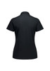 A black women's short sleeve polo shirt with a classic collar and a logo on the back.
