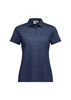 A women's short sleeve polo in navy blue with a folded collar and three-button placket. Features a logo on the chest.
