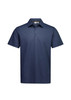 A navy short sleeve polo shirt with a collar and three buttons, featuring a logo on the chest area.