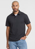 A black short sleeve polo shirt worn by a man, featuring a collar and a subtle logo.