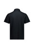 A black short sleeve polo shirt featuring a collar and a plain design. It includes a logo on the front.