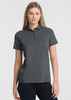 A women's short sleeve polo in dark grey, featuring a collar and a logo.