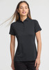 A women's short sleeve polo in black, featuring a collar and a fitted design. It has a logo on the chest.