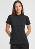 A black short sleeve polo shirt for women, featuring a collar and three-button placket, with a logo on the chest.
