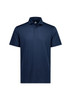 A navy short sleeve polo shirt with a collar and three buttons, featuring a logo.