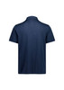 A navy short sleeve polo shirt with a classic collar and a logo on the back.