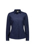 A navy long sleeve women's shirt with a classic collar and button-up front, featuring a logo on the tag.