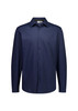 A long sleeve shirt in navy blue featuring a button-up front and a collar. It includes a branded logo.