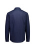 A navy blue men's long sleeve shirt with a collared neck and buttoned cuffs. The back view is displayed.