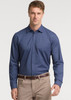 A long-sleeve, button-up shirt in navy with a subtle texture, featuring a collar and a logo.