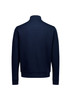 A navy mens tailor jacket displayed from the back, featuring a simple and clean design. It has a logo on the exterior.