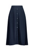 A navy women's skirt with a straight cut and a row of buttons down the front. It has a simple, elegant design.