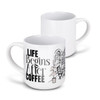 A stackable white coffee mug with a decorative black illustration and text on one side.