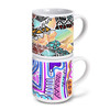 A stackable coffee mug set featuring vibrant, abstract patterns in multiple colours with a logo on the side.