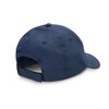A navy blue cap with a curved brim and adjustable strap at the back, featuring a logo.