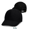 A black cap with a structured front and curved peak, featuring a logo and adjustable strap at the back.