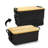 An expandable black lunch box with a bamboo lid, featuring a logo and clip closures on the side.