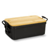 An expandable lunch box with a sleek black base and a wooden bamboo lid, featuring side handles.