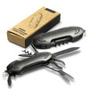 A multi-function pocket knife in black, featuring various tools, displayed with its packaging.