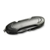 A black multi-function pocket knife with a sleek design and a small attached loop for easy carrying.