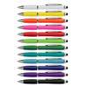 A collection of stylus pens in various colours, including white, yellow, orange, pink, green, blue, and black, with silver accents.