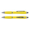 A yellow stylus pen with a shiny silver clip and accents. The product features a smooth finish and branding.