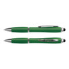A green stylus pen with silver accents, featuring both a ballpoint and a touch screen end, alongside another similar pen.
