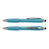 A stylus pen in teal with silver accents, featuring a pen at both ends and a branding logo.