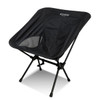 A lightweight folding chair in black with a mesh side panel and a sturdy metal frame. It features a branding logo.