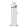 A drink bottle in white with a screw top lid and a side handle, featuring a sleek, modern design.